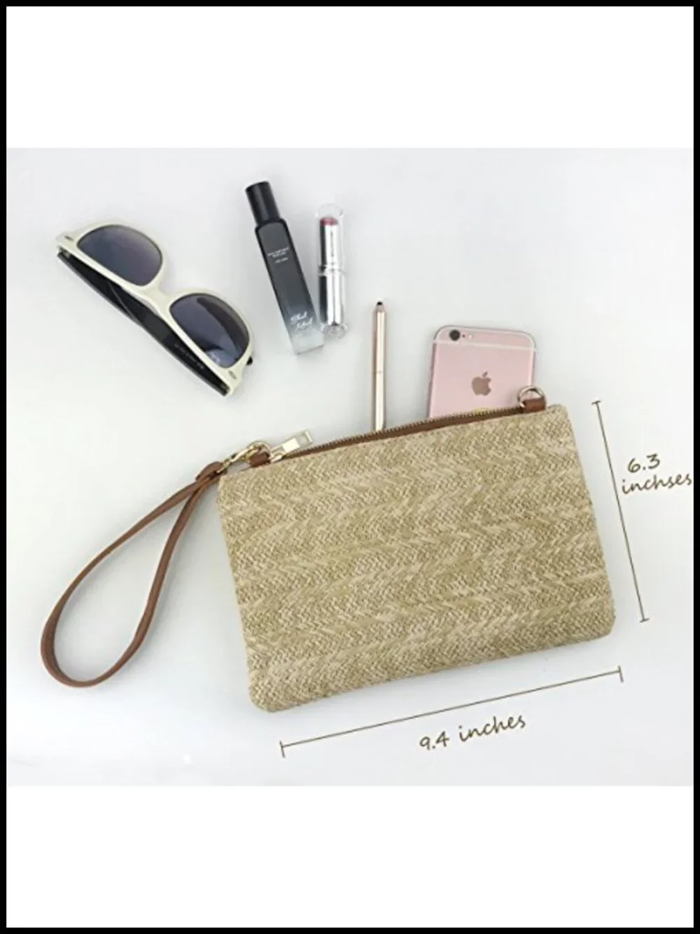Straw Zipper Wristlet Clutch Crossbody Purse with Chain Strap